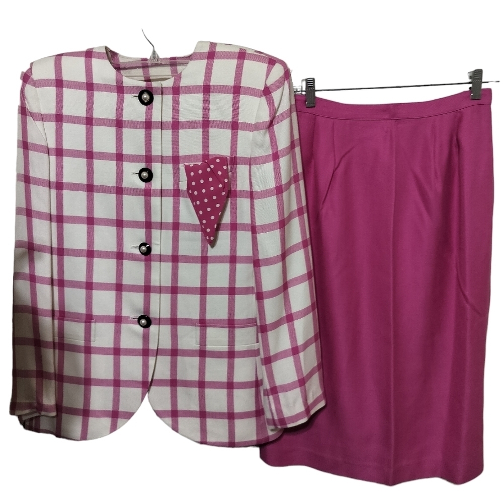 2494)Vintage Kasper for ASL two piece Skirt Set Blazer Pink Plaid Check Size 8